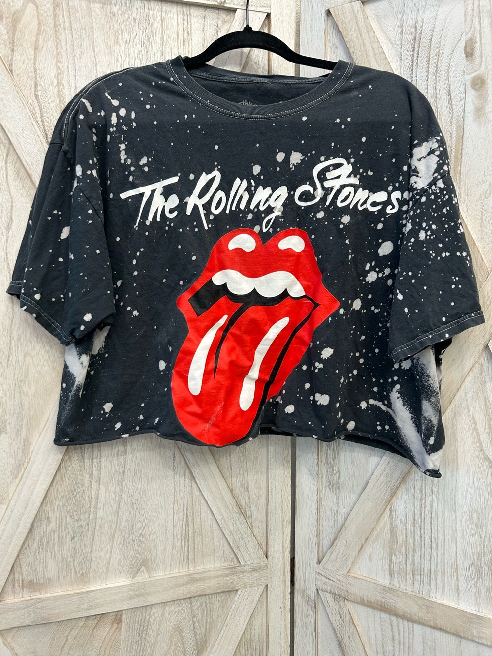The Rolling Stones Black Bleached Crop Tee with Red Tongue Graphic - Picture 1 of 8